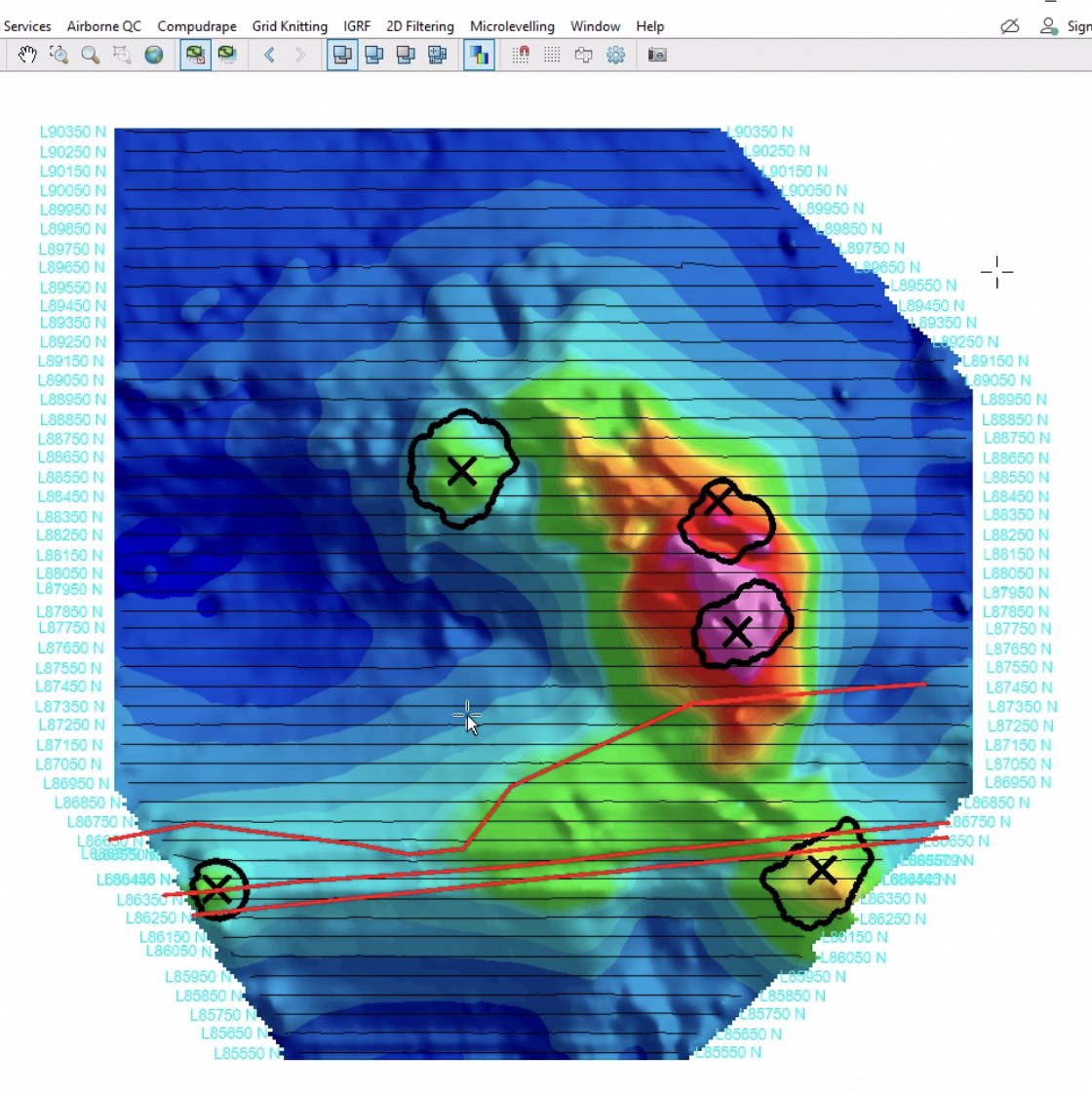 Ground magnetics over Caño Seco — inversion targets outlined (Oasis montaj)