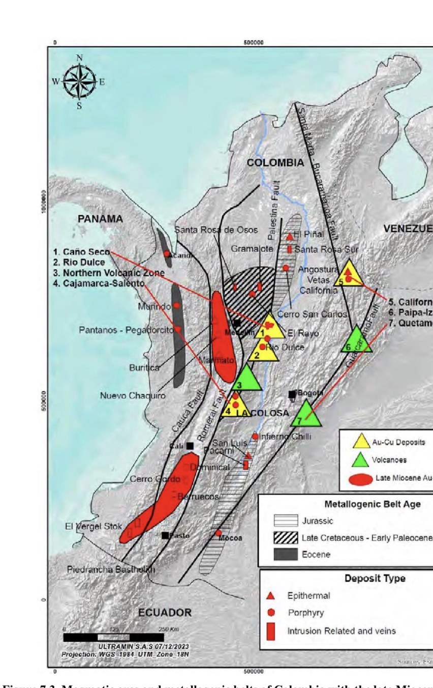 Magmatic arcs and metallogenic belts of Colombia — Caño Seco (1) on the late-Miocene back-arc — NI 43-101, Fig. 7.3