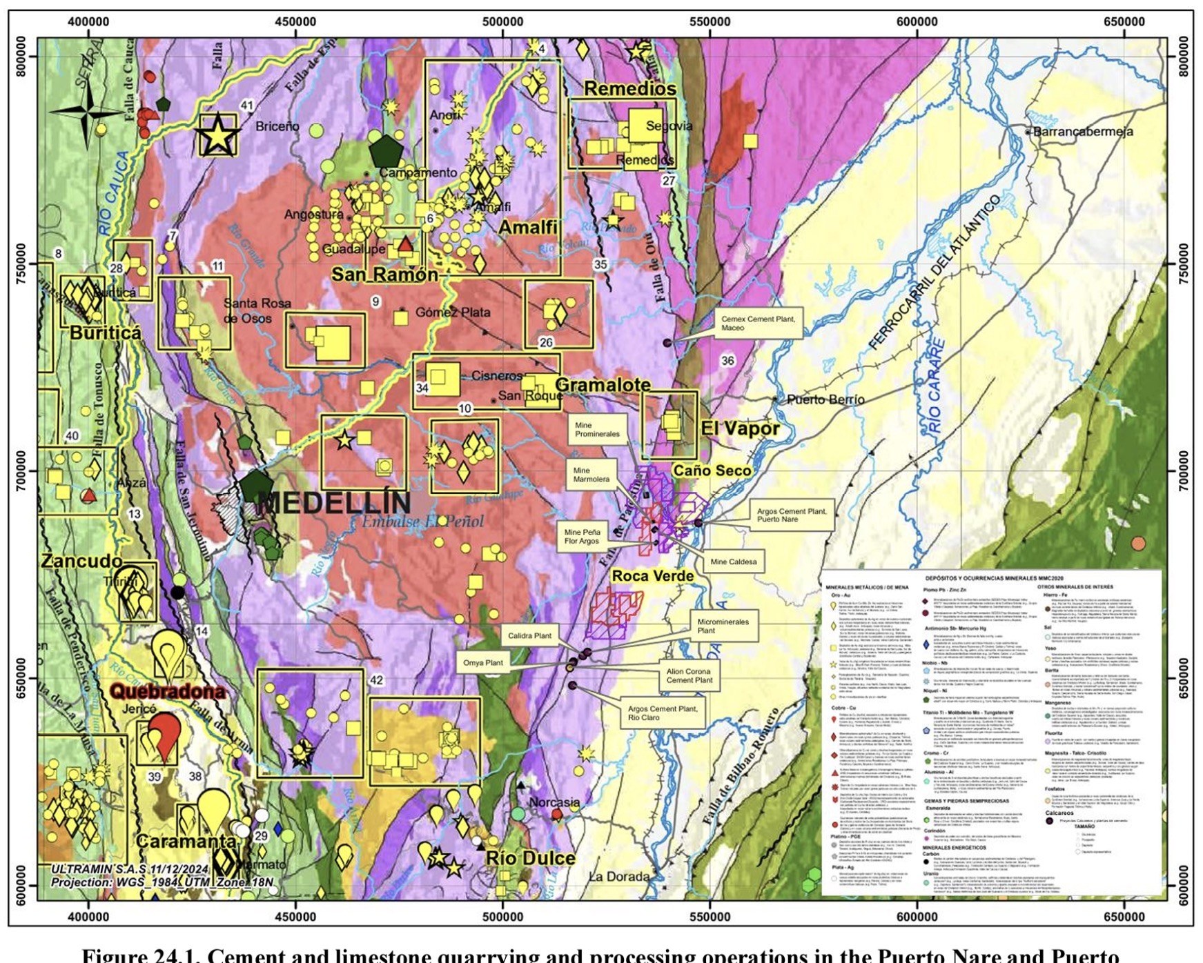 Puerto Nare – Puerto Triunfo district on a geological & metallogenic base — Caño Seco and Roca Verde highlighted